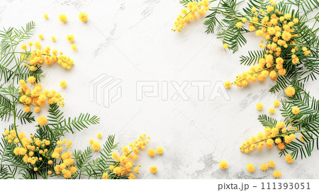 AI-generated content. Bright and fresh arrangement of yellow mimosa flowers in a creative frame on a white background, mockup 111393051