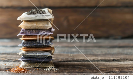 A stack of tea bags in various flavors, ready to be steeped in hot water 111393104