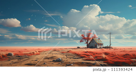 Illustration of a house standing alone in the middle of a field with the vast sky. It can convey many emotions and feelings such as peace, loneliness, freedom, courage, nostalgia, mystery, emptiness. Illustration of a house standing alone in the middle of a field with the vast sky. It can convey many emotions and feelings such as peace, loneliness, freedom, courage, nostalgia, mystery, emptiness. 111393424