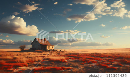 Illustration of a house standing alone in the middle of a field with the vast sky. It can convey many emotions and feelings such as peace, loneliness, freedom, courage, nostalgia, mystery, emptiness. 111393426