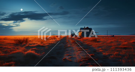 Illustration of a house standing alone in the middle of a field with the vast sky. It can convey many emotions and feelings such as peace, loneliness, freedom, courage, nostalgia, mystery, emptiness. 111393436