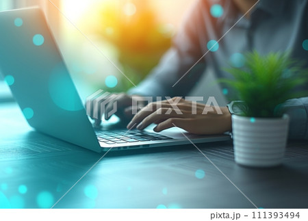 a man is using a laptop, in the style of light teal and dark navy a man is using a laptop, in the style of light teal and dark navy 111393494