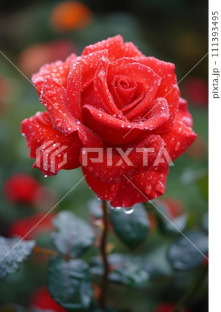 A vibrant red rose in full bloom, its petals glistening with morning dew A vibrant red rose in full bloom, its petals glistening with morning dew 111393495