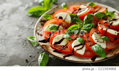 A fresh caprese salad showcasing ripe tomatoes, mozzarella, basil, and a drizzle of balsamic glaze 111393668