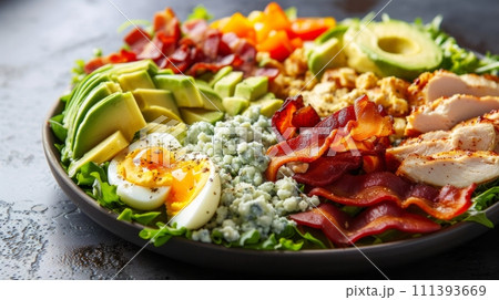 A hearty Cobb salad featuring rows of bacon, eggs, avocado, chicken, and blue cheese crumbles 111393669