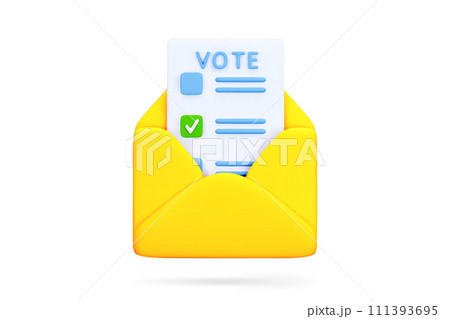 3D Cartoon Ballot Paper with Check Mark in Yellow Envelope Isolated on White Background. Voting by Mail Polling. Design Elements for Election Campaign. Vector Illustration of 3D Render. 3D Cartoon Ballot Paper with Check Mark in Yellow Envelope Isolated on White Background. Voting by Mail Polling. Design Elements for Election Campaign. Vector Illustration of 3D Render. 111393695