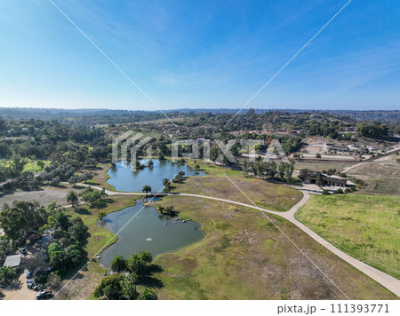 Aerial view over Rancho Santa Fe green valley landscape in San Diego 111393771