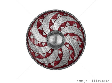 Old decorated wooden round shield isolated on white background 111393842