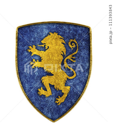 Golden medieval decorated shield with lion isolated on white background Golden medieval decorated shield with lion isolated on white background 111393843