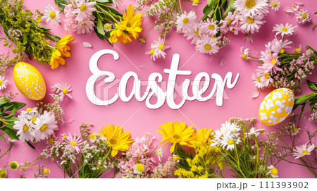 Colorful spring flowers and Easter eggs on pink background. Happy Easter. 111393902