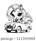 Unicorn girl driving a car sketch illustration 111393909