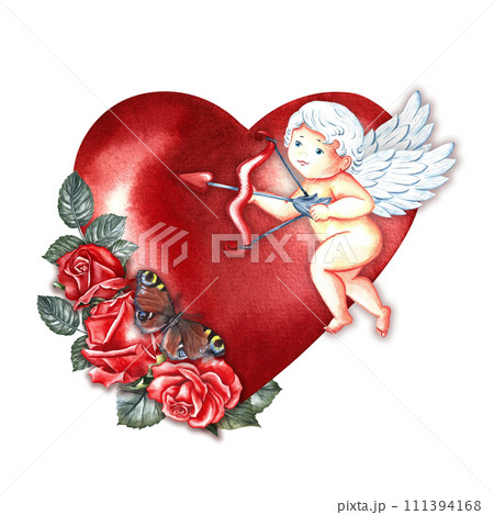 A cute little cupid with an arrow and a rose on the background of a red heart. Hand-drawn watercolor illustration. For Valentine's Day and wedding. For packaging, posters, greeting card. For printing. A cute little cupid with an arrow and a rose on the background of a red heart. Hand-drawn watercolor illustration. For Valentine's Day and wedding. For packaging, posters, greeting card. For printing. 111394168