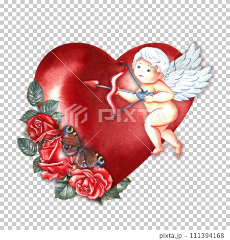 A cute little cupid with an arrow and a rose on the background of a red heart. Hand-drawn watercolor illustration. For Valentine's Day and wedding. For packaging, posters, greeting card. For printing. A cute little cupid with an arrow and a rose on the background of a red heart. Hand-drawn watercolor illustration. For Valentine's Day and wedding. For packaging, posters, greeting card. For printing. 111394168