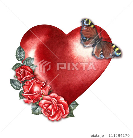 A red watercolor heart decorated with roses and a butterfly. Hand-drawn watercolor illustration. A design element of a Valentine's Day postcard, a wedding invitation. For packaging and labels, posters A red watercolor heart decorated with roses and a butterfly. Hand-drawn watercolor illustration. A design element of a Valentine's Day postcard, a wedding invitation. For packaging and labels, posters 111394170