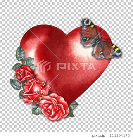A red watercolor heart decorated with roses and a butterfly. Hand-drawn watercolor illustration. A design element of a Valentine's Day postcard, a wedding invitation. For packaging and labels, posters A red watercolor heart decorated with roses and a butterfly. Hand-drawn watercolor illustration. A design element of a Valentine's Day postcard, a wedding invitation. For packaging and labels, posters 111394170