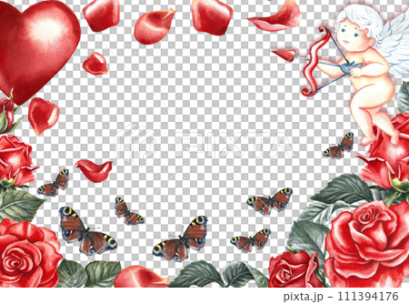 A Valentine's day or wedding card with cupids, red roses and a heart. Hand-drawn watercolor illustration. An element of the design of packaging and labels, posters and flyers, prints. 111394176