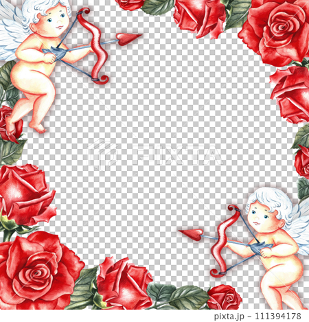 A frame with red roses and cupids. Hand-drawn watercolor illustration. A greeting card for lovers, for Valentine's Day and wedding. It is also suitable for packaging, posters and flyers. 111394178