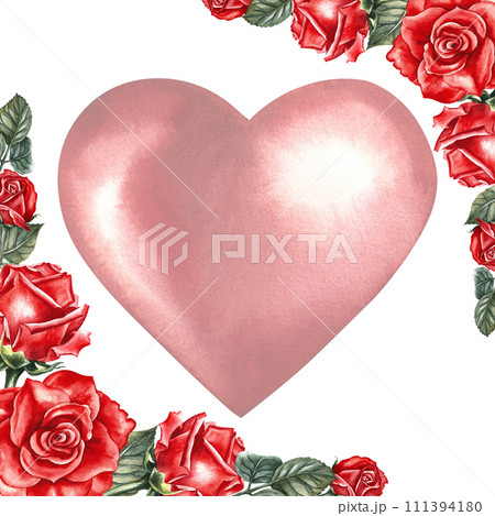 A Valentine's day or wedding card with red roses and a heart. Hand-drawn watercolor illustration. A design element for packaging and labels, posters and flyers, prints. 111394180