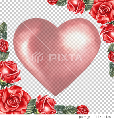 A Valentine's day or wedding card with red roses and a heart. Hand-drawn watercolor illustration. A design element for packaging and labels, posters and flyers, prints. 111394180