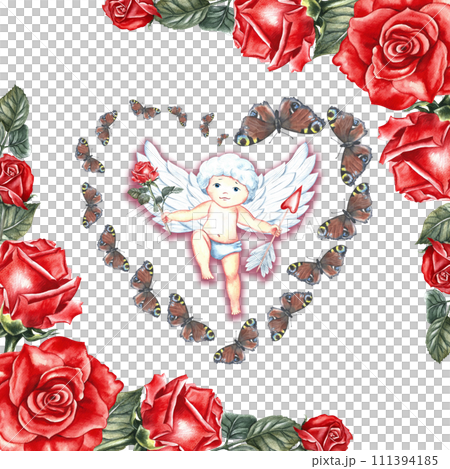 A postcard with a cute little cupid with roses and butterflies. Hand-drawn watercolor illustration. For lovers, Valentine's day and weddings. For posters, greeting cards, prints. 111394185