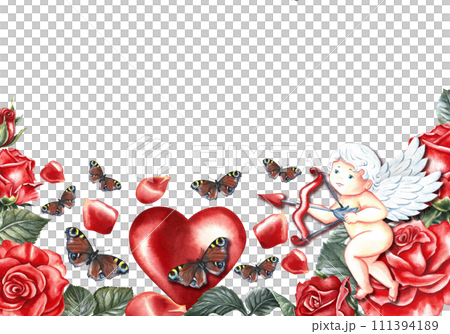 A banner frame with red roses and a cupid with a bow. Hand-drawn watercolor illustration. A greeting card for lovers, for Valentine's Day and wedding. Also suitable for packaging, posters and flyers. 111394189