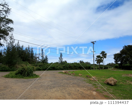 Dirt Road with a circle round, power poles, large coral rocks, and trees 111394437