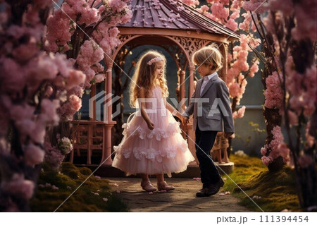 AI-generated content. Elegant Young Girl and Boy in Spring Blossom Gazebo 111394454
