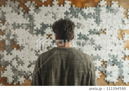 Back view of man watching on big puzzle on wall. Generative AI 111394590