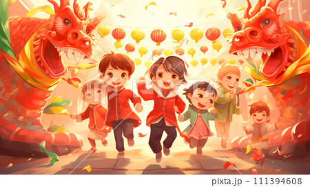 Little asian girl with red paper lanterns on Chinese New Year with dancing lion Little asian girl with red paper lanterns on Chinese New Year with dancing lion 111394608