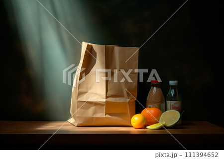 Craft brown shopping paper bag on blue background with soft Sfumato lightening. 111394652