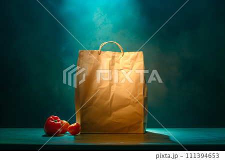 Craft brown shopping paper bag on blue background with soft Sfumato lightening. Craft brown shopping paper bag on blue background with soft Sfumato lightening. 111394653