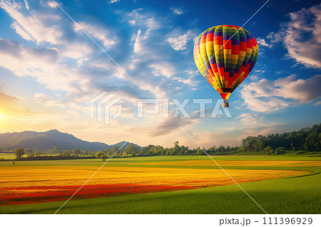 Colorful hot air balloon over blooming field meadow at sunset 111396929