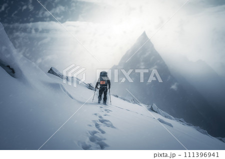 Lone Mountaineer Alpinist Approaching Snowy Peak 111396941