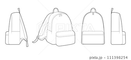 Set of Fashion backpack silhouette bag. Fashion accessory technical illustration. Vector schoolbag front, side 3-4 view 111398254