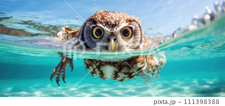 The image shows an owl swimming underwater in a...のイラスト素材 [111398388 ...