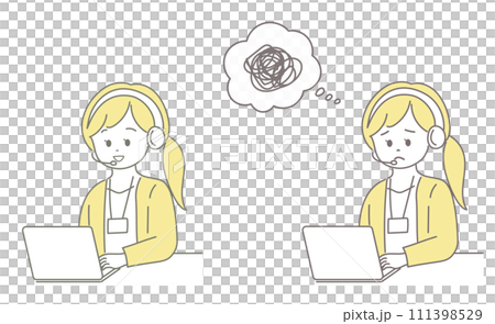 Illustration set of female operators with smiling and troubled faces Illustration set of female operators with smiling and troubled faces 111398529