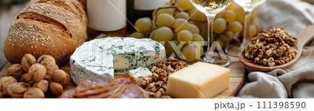 AI-generated content. Header of picnic served outside with a glass of wine, cheese, grapes, salami on a wooden board AI-generated content. Header of picnic served outside with a glass of wine, cheese, grapes, salami on a wooden board 111398590