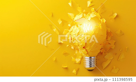 A crumpled ball of yellow scrap paper features an illustrated painting of a virtual lightbulb, embodying the essence of creative thinking and problem-solving innovation, Ai Generated 111398595