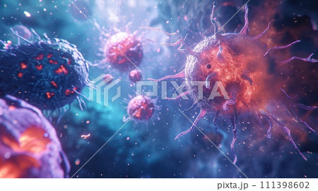 A striking depiction of immunotherapy, a medical strategy utilizing the body's immune system to combat illnesses, AI Generated 111398602