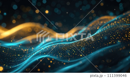 Futuristic abstract backdrop with gold and blue neon, high-speed moving wave lines, and shimmering bokeh lights, AI Generated. 111399046