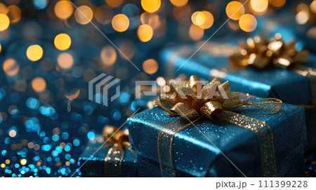 Blue Valentine's gift boxes adorned with gold bows, Ai Generated Blue Valentine's gift boxes adorned with gold bows, Ai Generated 111399228
