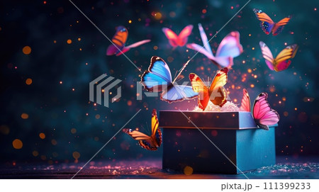 Colorful butterflies emerging from a gift box, Ai Generated 111399233