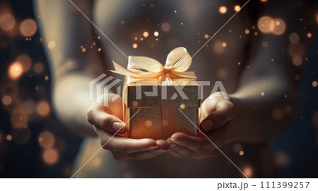Hand of a woman holding an elegant gift box, Ai Generated 111399257