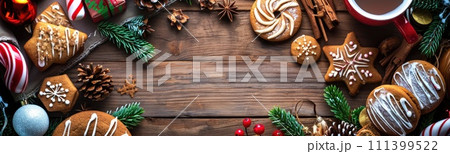 Adorable Christmas confections and cookie display. Overhead perspective on a charming, rustic dark wood banner backdrop. Delightful festive baking theme, Ai Generated. 111399522