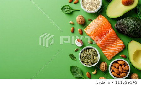 Concept of a ketogenic diet with ingredients like salmon, avocado, eggs, nuts, and seeds, set against a bright green backdrop, top perspective, Ai Generated. 111399549