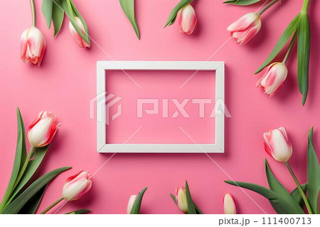 white frame with tulips and a gift on a pink background, in the style of minimalist sets for love celebration and Valentine day 111400713