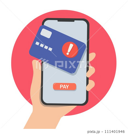 Contactless cashless payment with credit card on mobile phone. paying problem fail or reject on screen. vector illustration Contactless cashless payment with credit card on mobile phone. paying problem fail or reject on screen. vector illustration 111401946