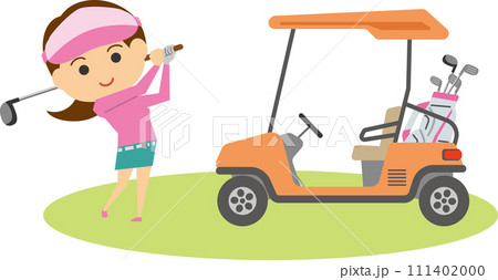 ゴルフをする女性とゴルフカートのイメージイラスト 111402000