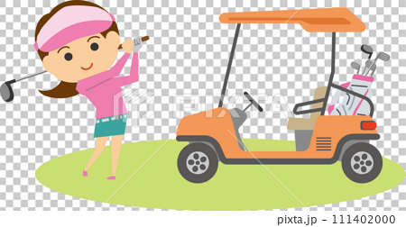ゴルフをする女性とゴルフカートのイメージイラスト 111402000