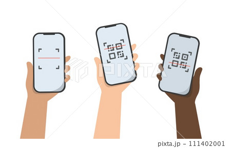 Cashless payment for online shopping. Diverse hand with smartphone scans QR code. Vector illustration 111402001